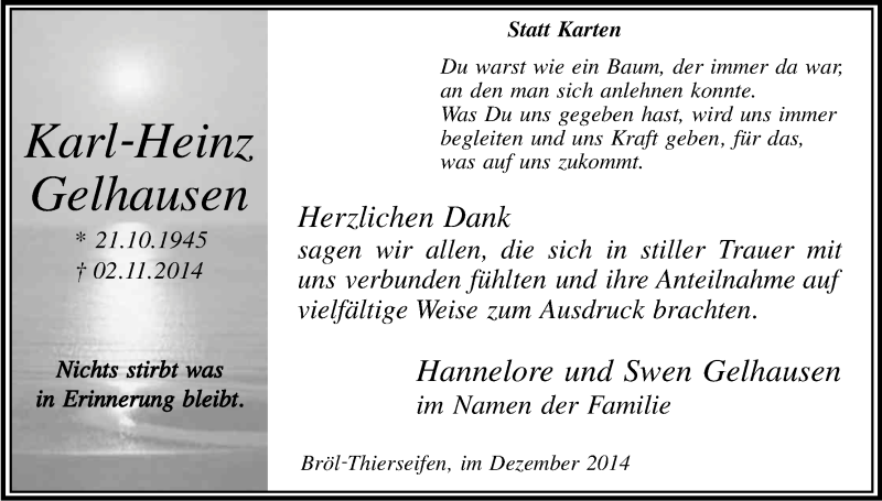  Traueranzeige für Karl-Heinz Gelhausen vom 18.12.2014 aus Kölner Stadt-Anzeiger / Kölnische Rundschau / Express