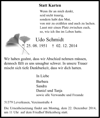 Anzeige von Udo Schmidt von Kölner Stadt-Anzeiger / Kölnische Rundschau / Express
