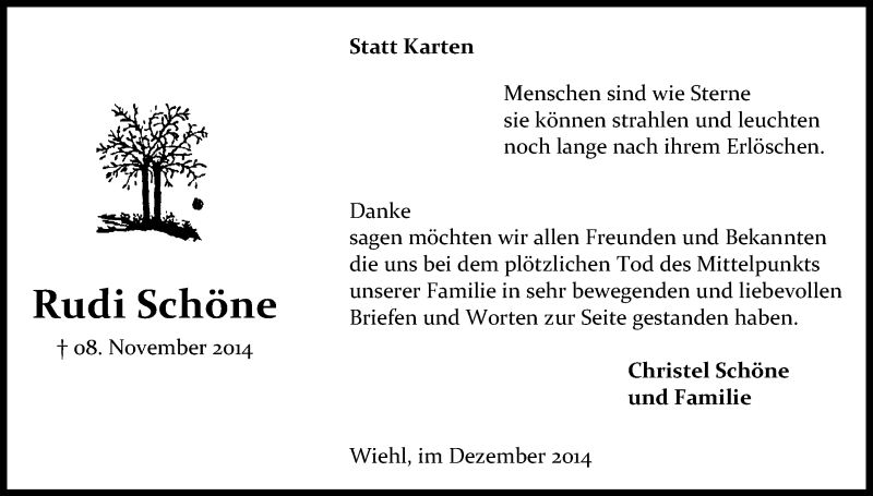  Traueranzeige für Rudi Schöne vom 17.12.2014 aus Kölner Stadt-Anzeiger / Kölnische Rundschau / Express