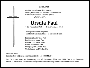 Anzeige von Ursula Paul von Kölner Stadt-Anzeiger / Kölnische Rundschau / Express