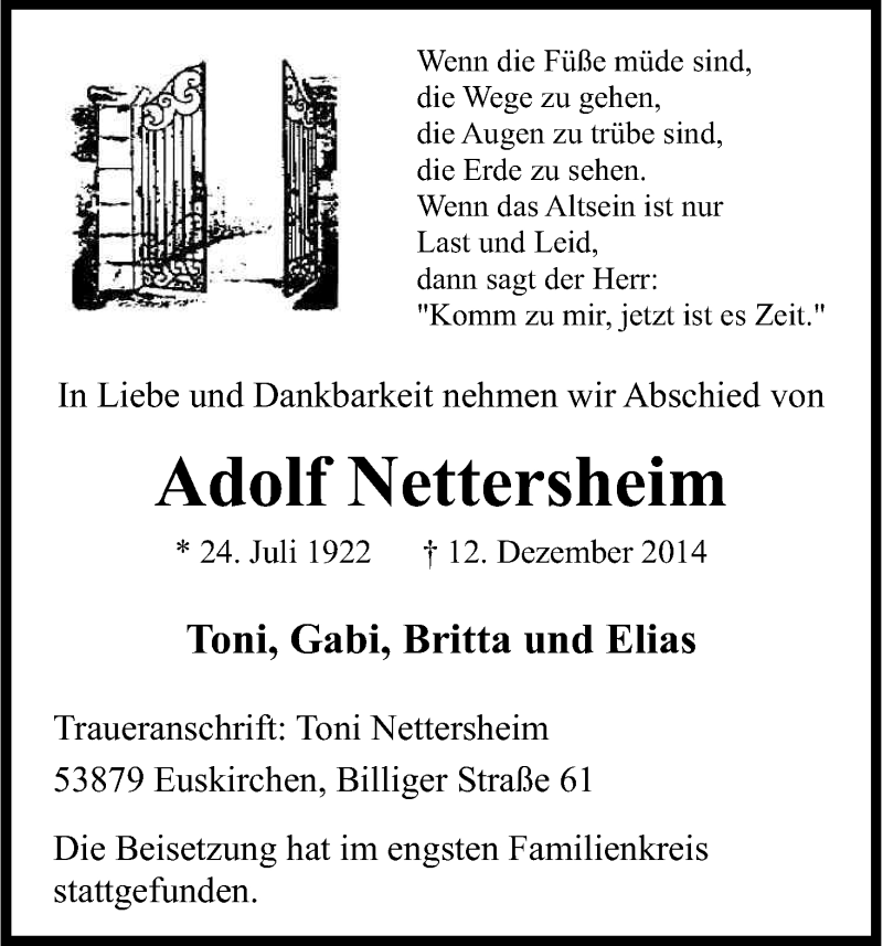  Traueranzeige für Adolf Nettersheim vom 24.12.2014 aus Kölner Stadt-Anzeiger / Kölnische Rundschau / Express