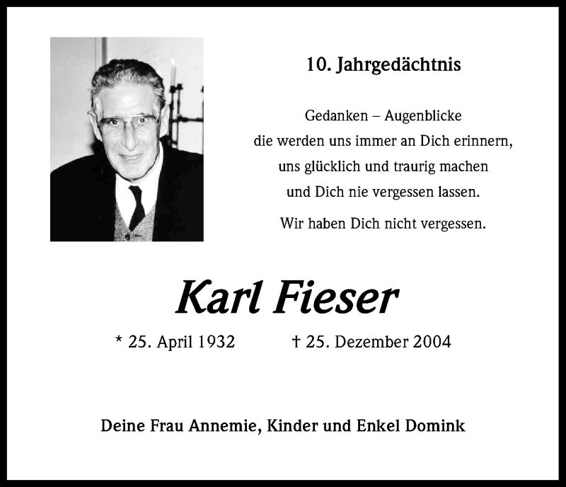  Traueranzeige für Karl Fieser vom 20.12.2014 aus Kölner Stadt-Anzeiger / Kölnische Rundschau / Express