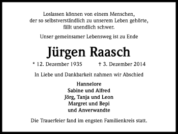 Anzeige von Jürgen Raasch von Kölner Stadt-Anzeiger / Kölnische Rundschau / Express