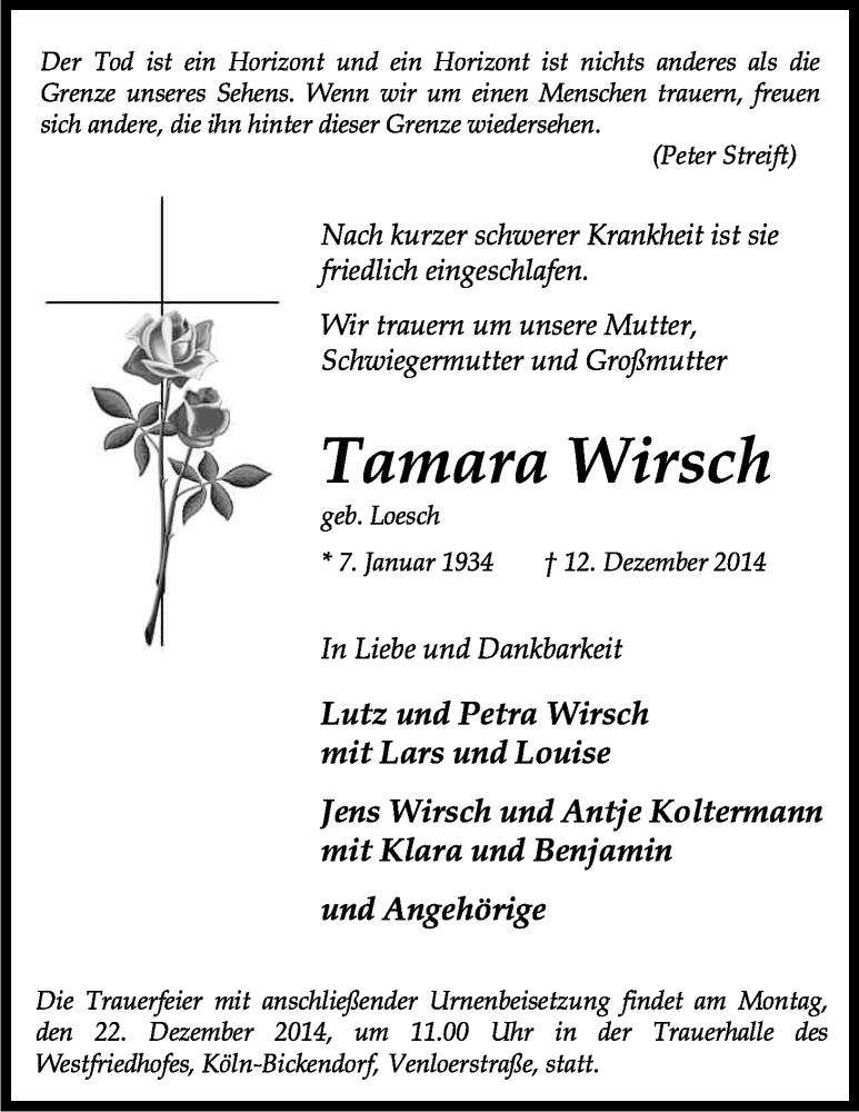  Traueranzeige für Tamara Wirsch vom 17.12.2014 aus Kölner Stadt-Anzeiger / Kölnische Rundschau / Express
