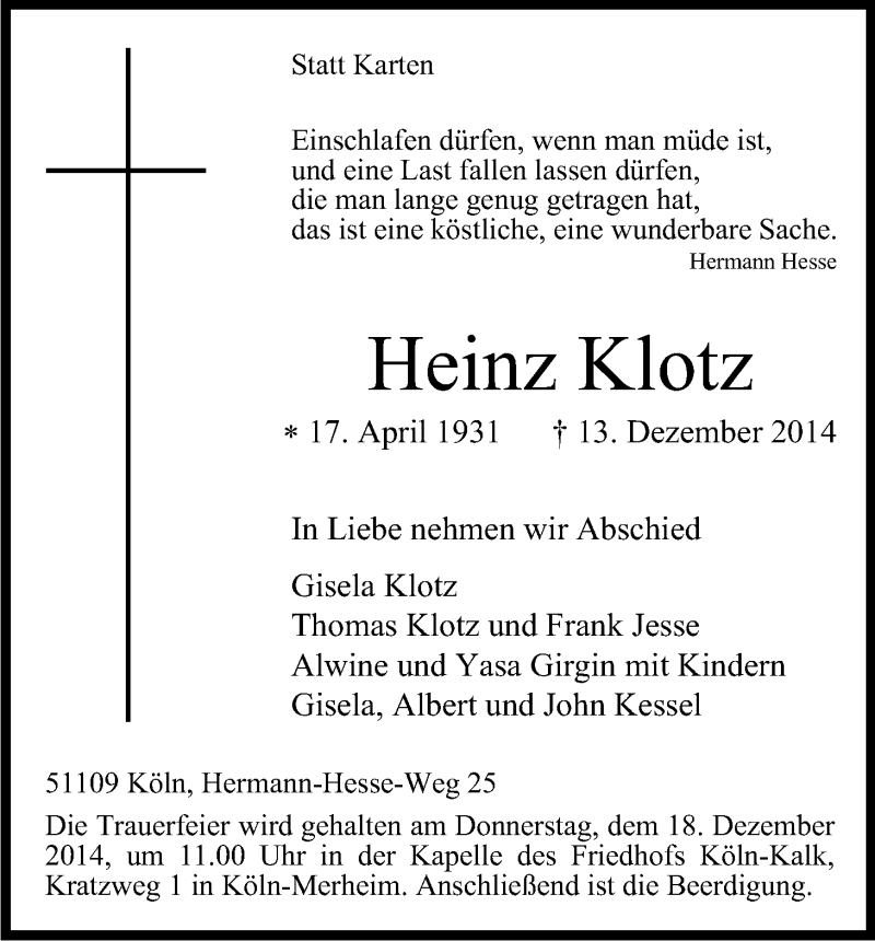  Traueranzeige für Heinz Klotz vom 17.12.2014 aus Kölner Stadt-Anzeiger / Kölnische Rundschau / Express
