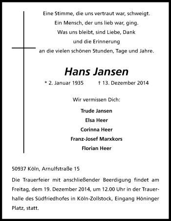 Anzeige von Hans Jansen von Kölner Stadt-Anzeiger / Kölnische Rundschau / Express