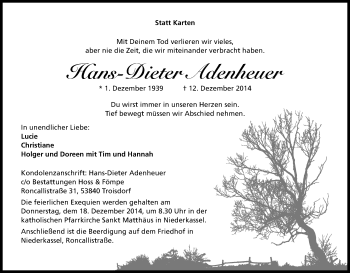 Anzeige von Hans Dieter Adenheuer von Kölner Stadt-Anzeiger / Kölnische Rundschau / Express
