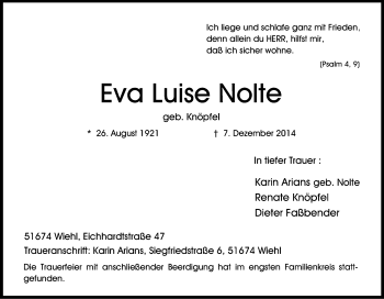 Anzeige von Eva-Luise Nolte von Kölner Stadt-Anzeiger / Kölnische Rundschau / Express