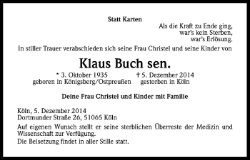 Anzeige von Klaus Buch von Kölner Stadt-Anzeiger / Kölnische Rundschau / Express