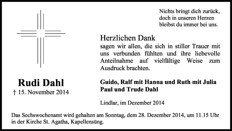  Traueranzeige für Rudi Dahl vom 20.12.2014 aus Kölner Stadt-Anzeiger / Kölnische Rundschau / Express