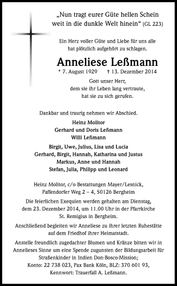 Anzeige von Anneliese Leßmann von Kölner Stadt-Anzeiger / Kölnische Rundschau / Express