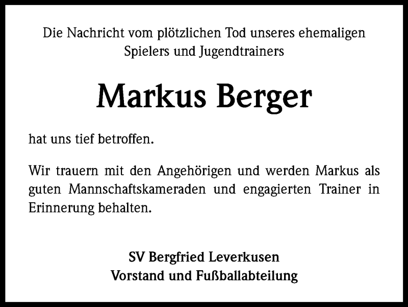  Traueranzeige für Markus Berger vom 17.12.2014 aus Kölner Stadt-Anzeiger / Kölnische Rundschau / Express