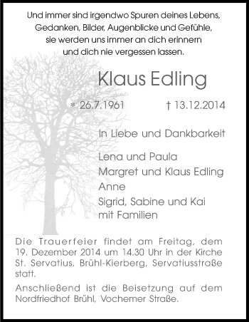 Anzeige von Klaus Edling von Kölner Stadt-Anzeiger / Kölnische Rundschau / Express