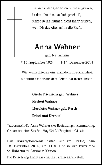 Anzeige von Anna Wahner von Kölner Stadt-Anzeiger / Kölnische Rundschau / Express
