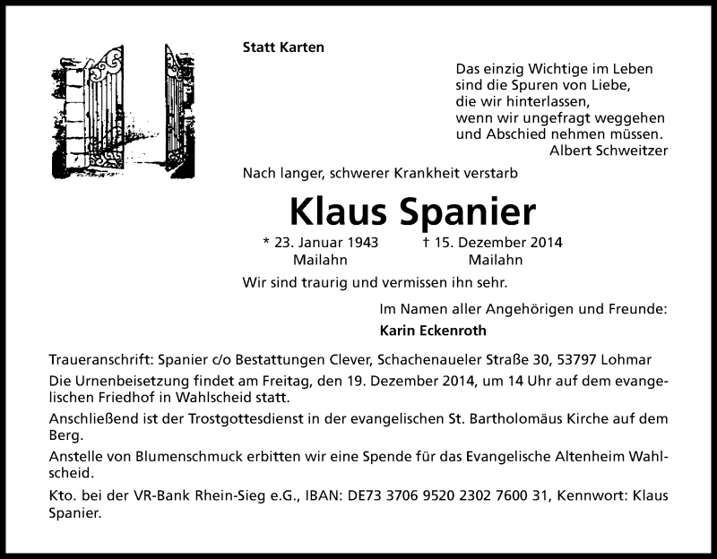  Traueranzeige für Klaus Spanier vom 17.12.2014 aus Kölner Stadt-Anzeiger / Kölnische Rundschau / Express