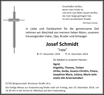 Anzeige von Josef Schmidt von Kölner Stadt-Anzeiger / Kölnische Rundschau / Express