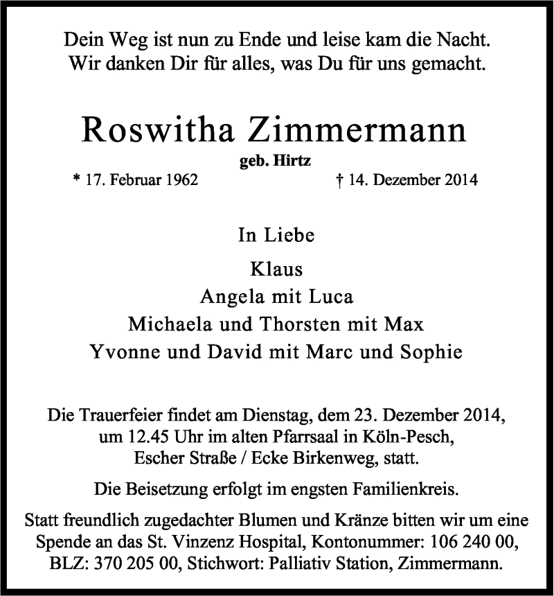  Traueranzeige für Roswitha Zimmermann vom 17.12.2014 aus Kölner Stadt-Anzeiger / Kölnische Rundschau / Express
