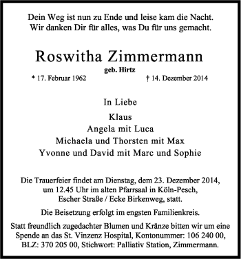 Anzeige von Roswitha Zimmermann von Kölner Stadt-Anzeiger / Kölnische Rundschau / Express
