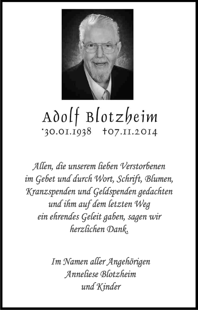  Traueranzeige für Adolf Blotzheim vom 17.12.2014 aus Kölner Stadt-Anzeiger / Kölnische Rundschau / Express