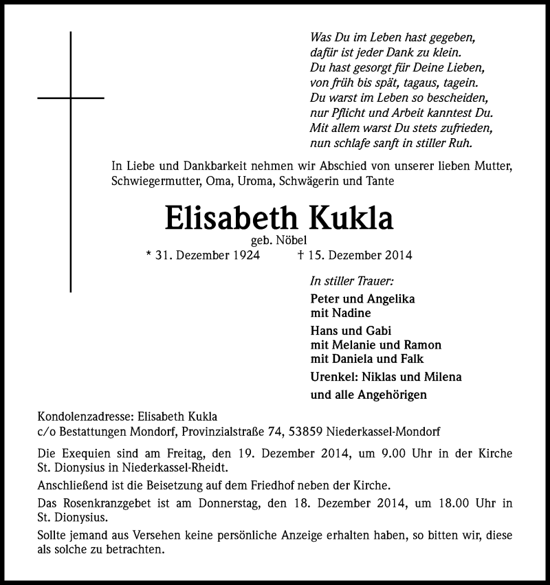  Traueranzeige für Elisabeth Kukla vom 17.12.2014 aus Kölner Stadt-Anzeiger / Kölnische Rundschau / Express