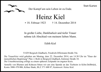 Anzeige von Heinz Kiel von Kölner Stadt-Anzeiger / Kölnische Rundschau / Express