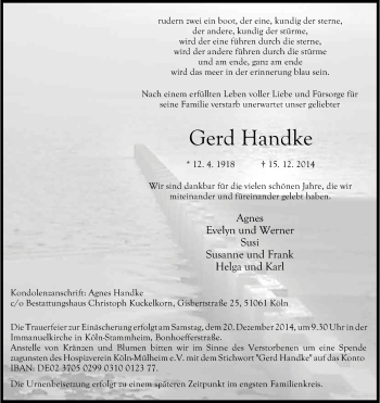 Anzeige von Gerd Handke von Kölner Stadt-Anzeiger / Kölnische Rundschau / Express