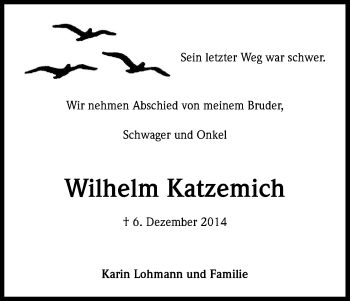 Anzeige von Wilhelm Katzemich von Kölner Stadt-Anzeiger / Kölnische Rundschau / Express