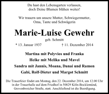 Anzeige von Marie-Luise Gewehr von Kölner Stadt-Anzeiger / Kölnische Rundschau / Express