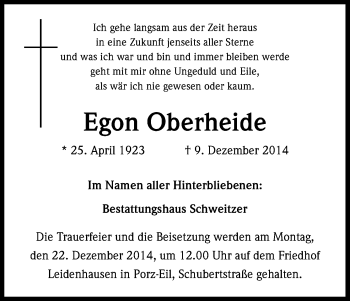 Anzeige von Egon Oberheide von Kölner Stadt-Anzeiger / Kölnische Rundschau / Express