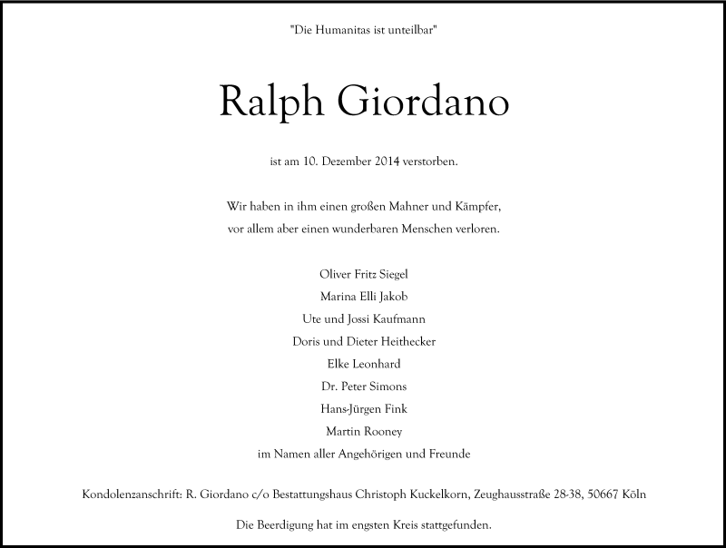  Traueranzeige für Ralph Giordano vom 20.12.2014 aus Kölner Stadt-Anzeiger / Kölnische Rundschau / Express