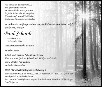 Anzeige von Paul Schorde von Kölner Stadt-Anzeiger / Kölnische Rundschau / Express