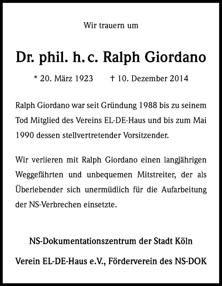  Traueranzeige für Ralph Giordano vom 20.12.2014 aus Kölner Stadt-Anzeiger / Kölnische Rundschau / Express