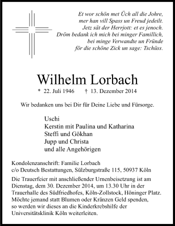 Anzeige von Wilhelm Lorbach von Kölner Stadt-Anzeiger / Kölnische Rundschau / Express