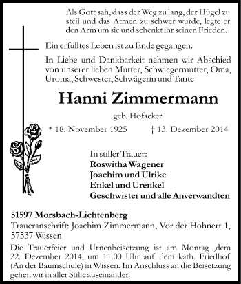 Anzeige von Hanni Zimmermann von Kölner Stadt-Anzeiger / Kölnische Rundschau / Express