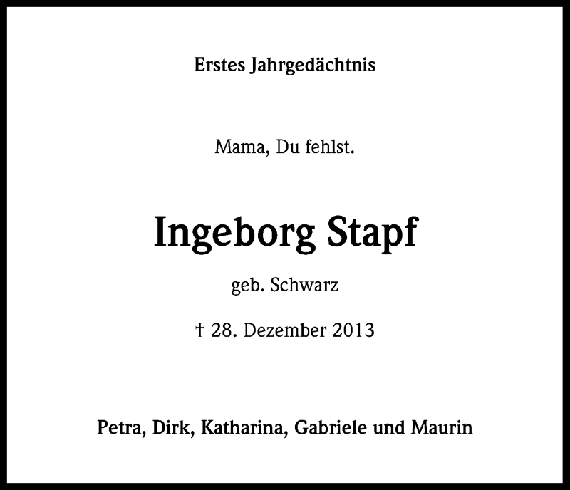  Traueranzeige für Ingeborg Stapf vom 29.12.2014 aus Kölner Stadt-Anzeiger / Kölnische Rundschau / Express