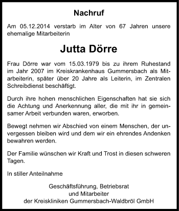 Anzeige von Jutta Dörre von Kölner Stadt-Anzeiger / Kölnische Rundschau / Express