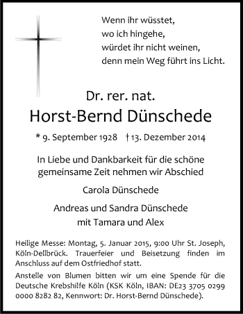 Anzeige von Horst-Bernd Dünschede von Kölner Stadt-Anzeiger / Kölnische Rundschau / Express