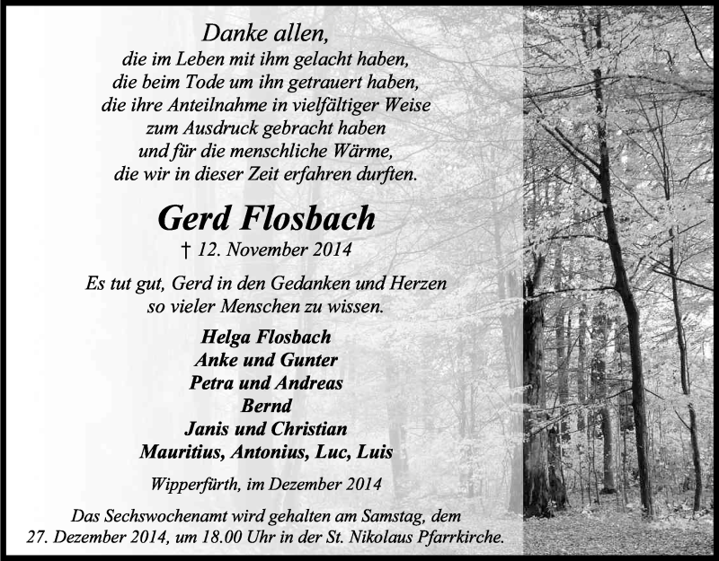  Traueranzeige für Gerd Flosbach vom 20.12.2014 aus Kölner Stadt-Anzeiger / Kölnische Rundschau / Express