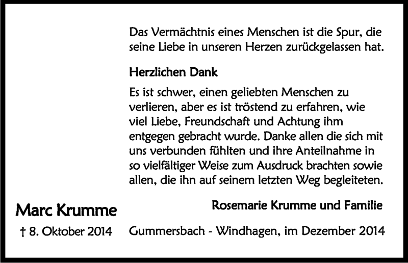  Traueranzeige für Marc Krumme vom 20.12.2014 aus Kölner Stadt-Anzeiger / Kölnische Rundschau / Express
