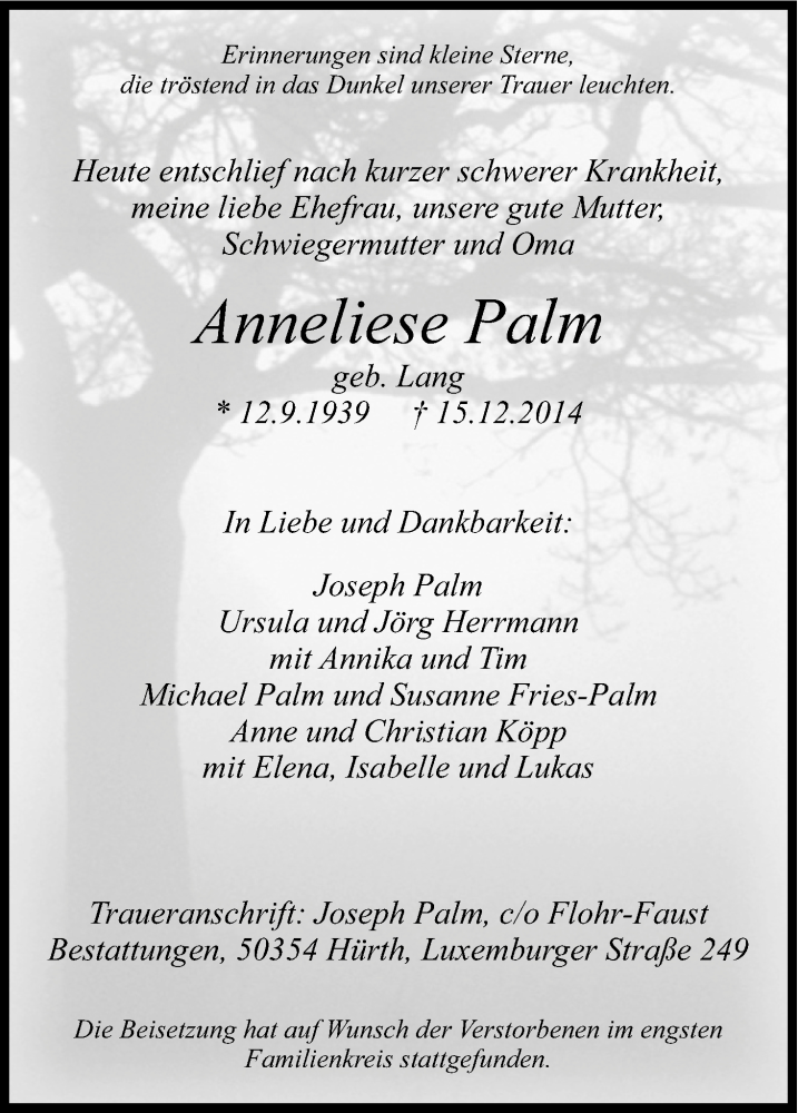  Traueranzeige für Anneliese Palm vom 30.12.2014 aus Kölner Stadt-Anzeiger / Kölnische Rundschau / Express