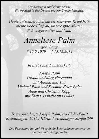 Anzeige von Anneliese Palm von Kölner Stadt-Anzeiger / Kölnische Rundschau / Express