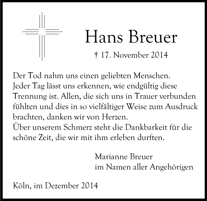  Traueranzeige für Hans Breuer vom 20.12.2014 aus Kölner Stadt-Anzeiger / Kölnische Rundschau / Express