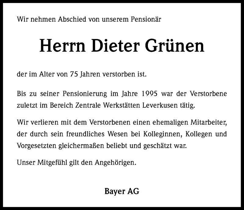  Traueranzeige für Dieter Grünen vom 19.12.2014 aus Kölner Stadt-Anzeiger / Kölnische Rundschau / Express