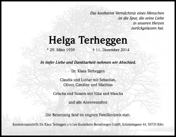 Anzeige von Helga Terheggen von Kölner Stadt-Anzeiger / Kölnische Rundschau / Express