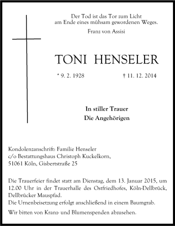 Anzeige von Toni Henseler von Kölner Stadt-Anzeiger / Kölnische Rundschau / Express