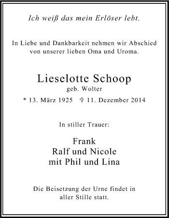Anzeige von Lieselotte Schoop von Kölner Stadt-Anzeiger / Kölnische Rundschau / Express