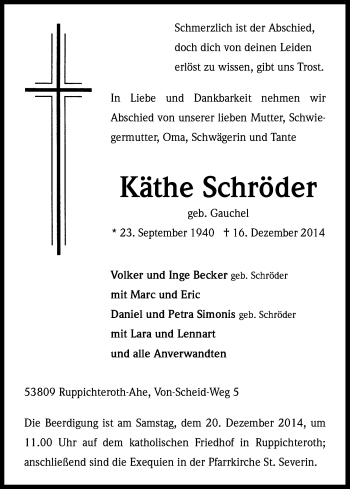 Anzeige von Käthe Schröder von Kölner Stadt-Anzeiger / Kölnische Rundschau / Express