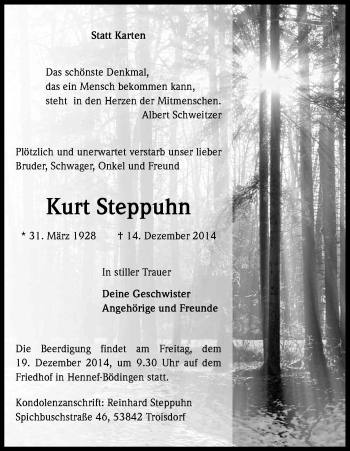 Anzeige von Kurt Steppuhn von Kölner Stadt-Anzeiger / Kölnische Rundschau / Express