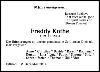 Anzeige von Freddy Kothe von Kölner Stadt-Anzeiger / Kölnische Rundschau / Express