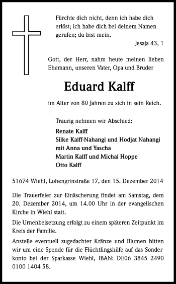 Anzeige von Eduard Kalff von Kölner Stadt-Anzeiger / Kölnische Rundschau / Express